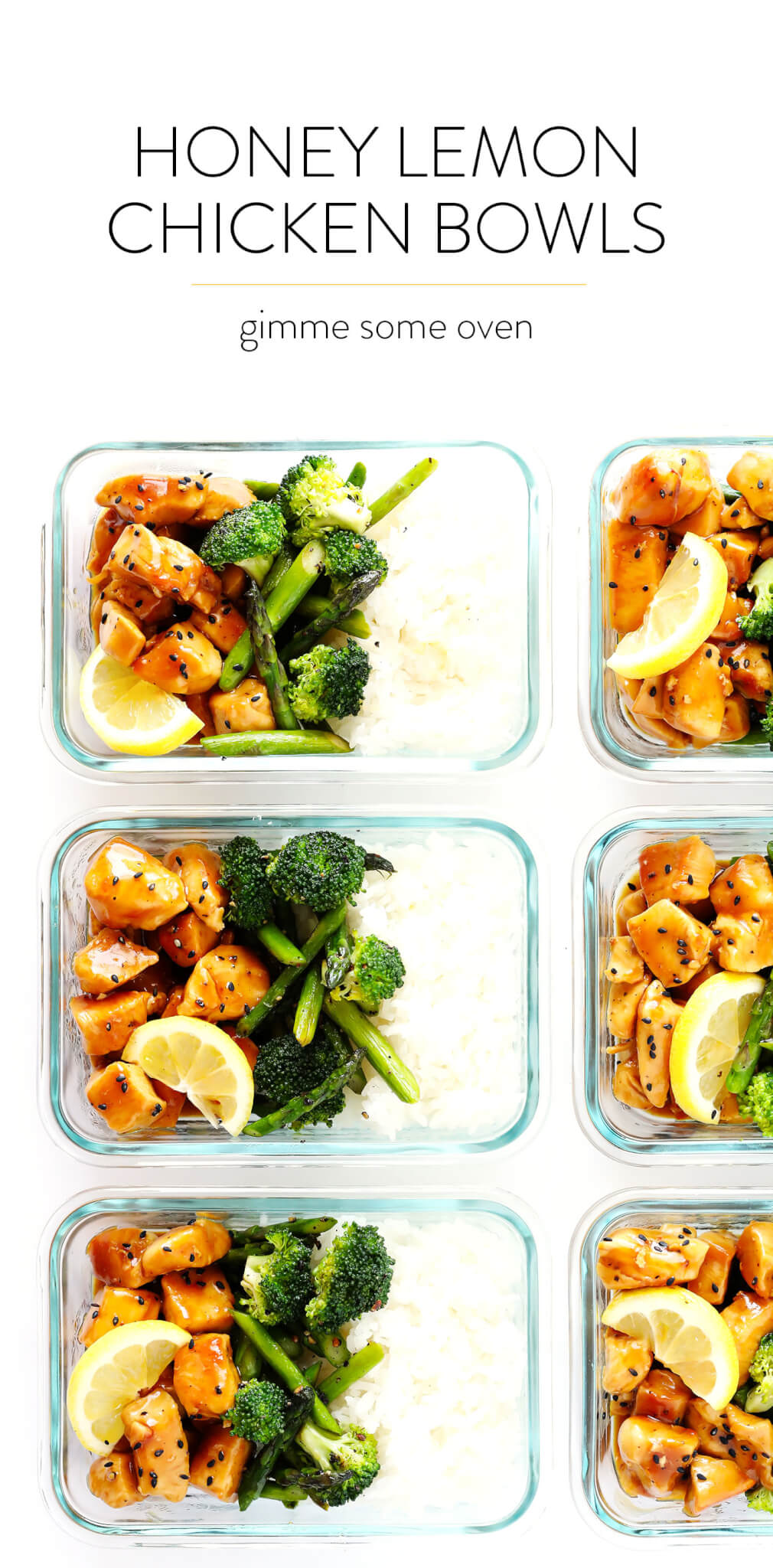 These Honey Lemon Chicken Bowls are one of my favorite healthy lunch or dinner meal prep ideas. They're quick and easy to prepare, made with an Asian honey lemon garlic sesame sauce, fresh asparagus and broccoli (or any vegetables), rice or quinoa. And they are delicious and naturally gluten-free! | gimmesomeoven.com
