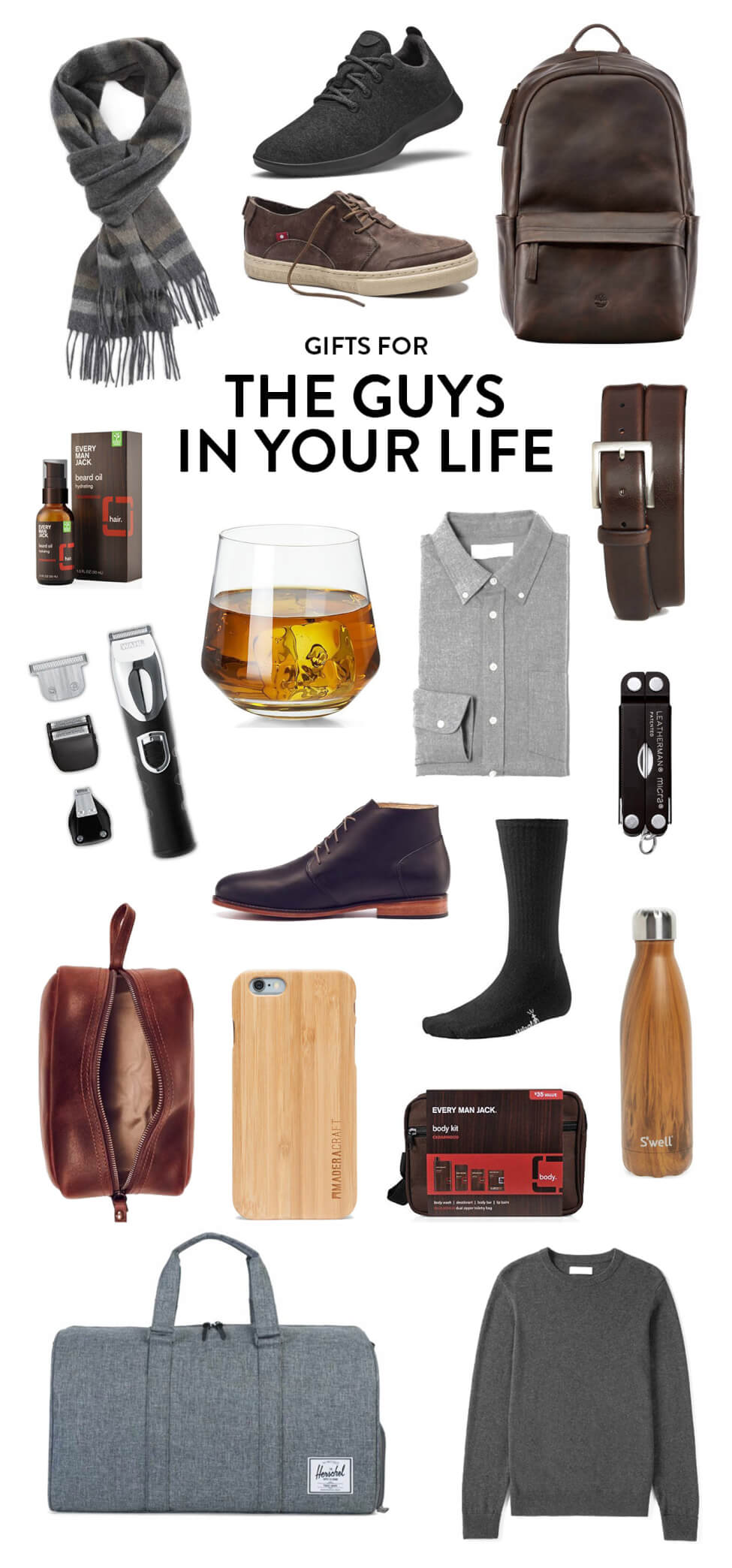 Holiday gifting ideas for the handsome men in your life, including everything from a cashmere scarf, to Allbirds, to Oliberte sneakers, to a leather backpack, belt, flannel shirt, sweater, water bottle, shaving kit, wooden iphone case, duffel bag, dop kit, shaver, and beard oil. | The Guys In Your Life Gift Guide | Gimme Some Oven Holidays 2017