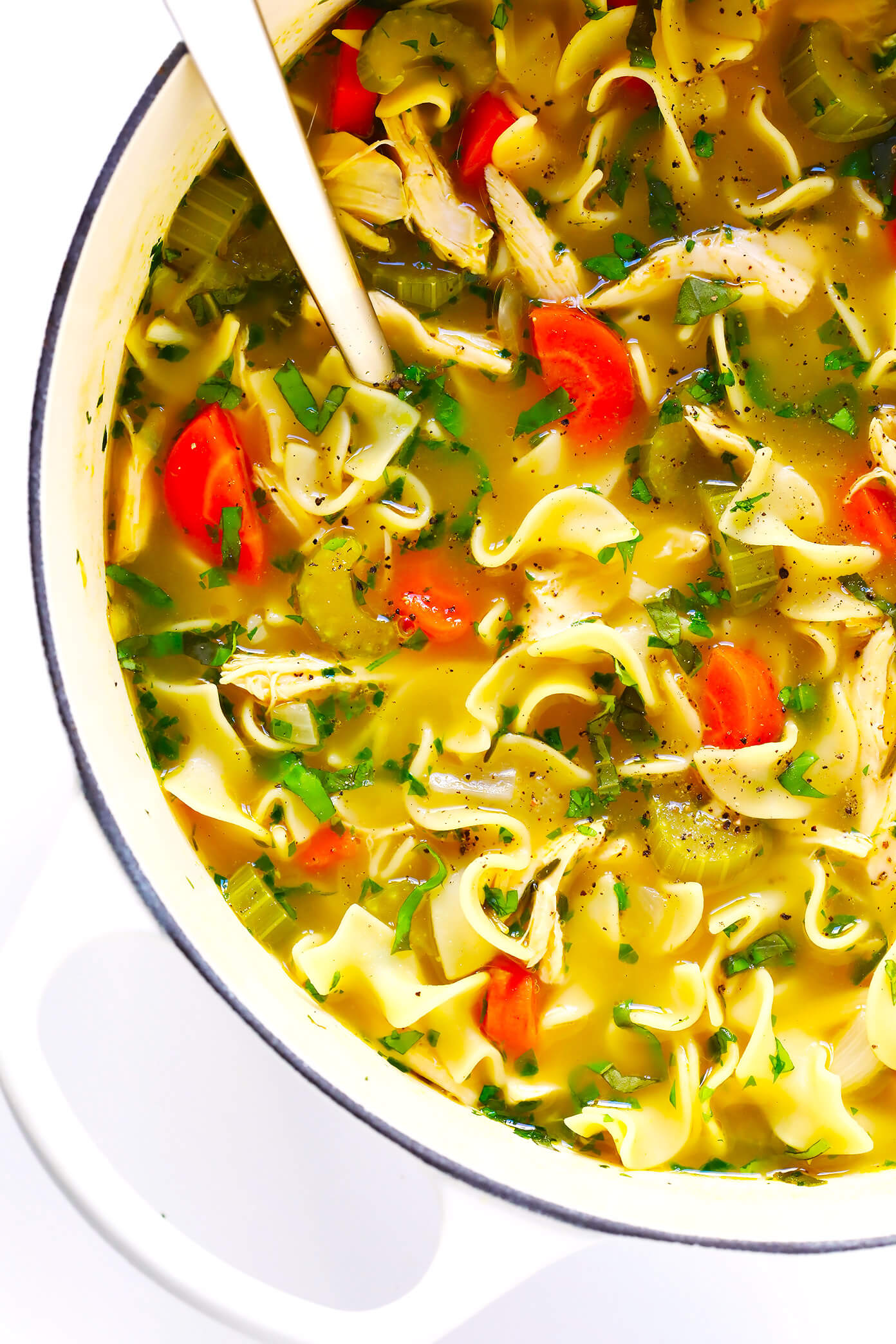 LOVE this Herb-Loaded Homemade Chicken Noodle Soup recipe! It's full of the hearty egg noodles, chicken, carrots, celery and onion we all love. But kicked up a delicious notch with whatever fresh Italian herbs you can find (like rosemary, sage, parsley, thyme, basil, etc). Total comfort food, and totally delicious! | Gimme Some Oven #soup #chicken #comfortfood