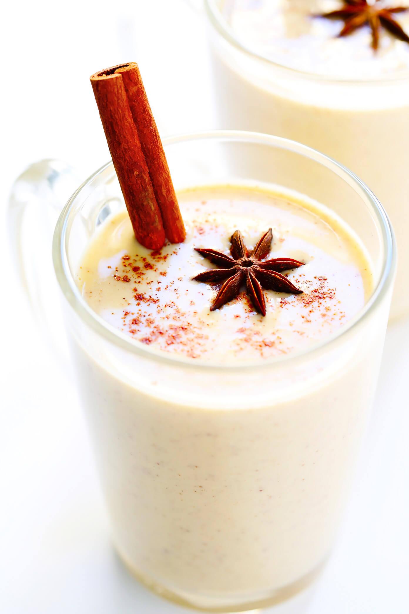 This Chai Eggnog is super easy to make, it's lightened up a bit yet still nice and creamy(and dairy-free!), and it's SO cozy and delicious. Feel free to spike yours with rum, bourbon or brandy if you'd like! | Gimme Some Oven #drink #eggnog #christmas #holiday #cocktail