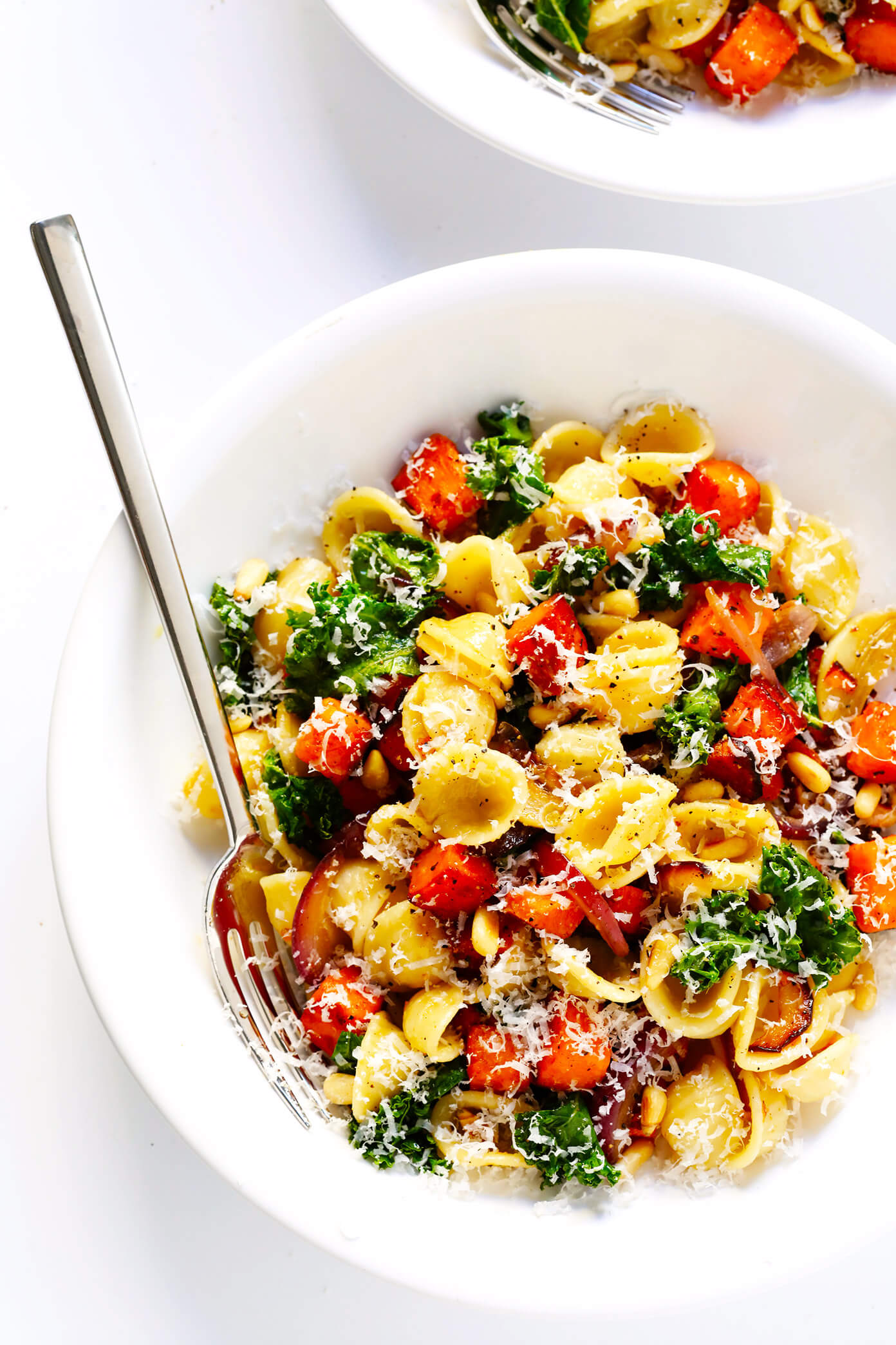 Pasta with Caramelized Sweet Potatoes, Kale and Parmesan