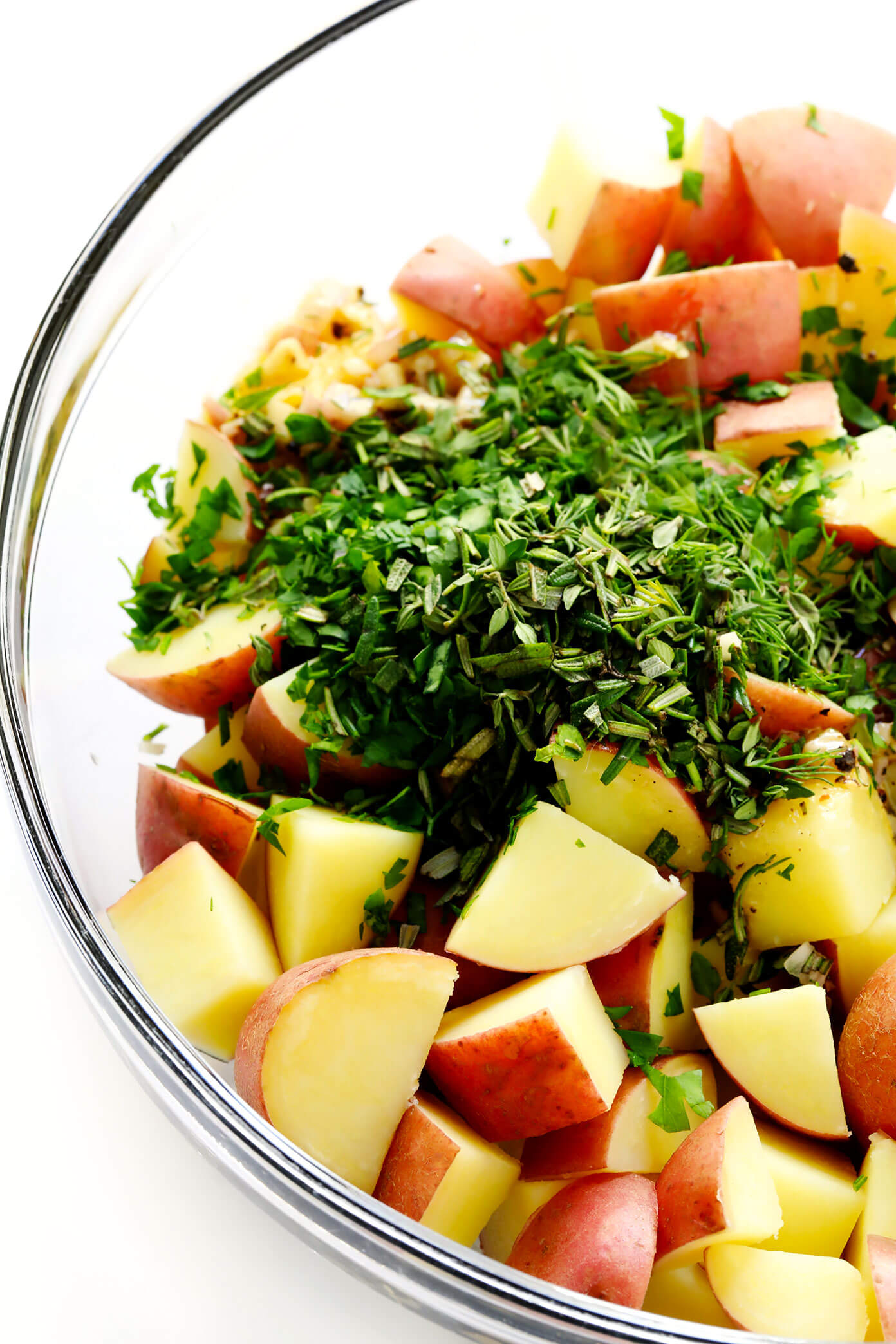 French Potato Salad Ingredients (Potatoes, Lemon Vinaigrette, Shallots and Fresh Herbs)